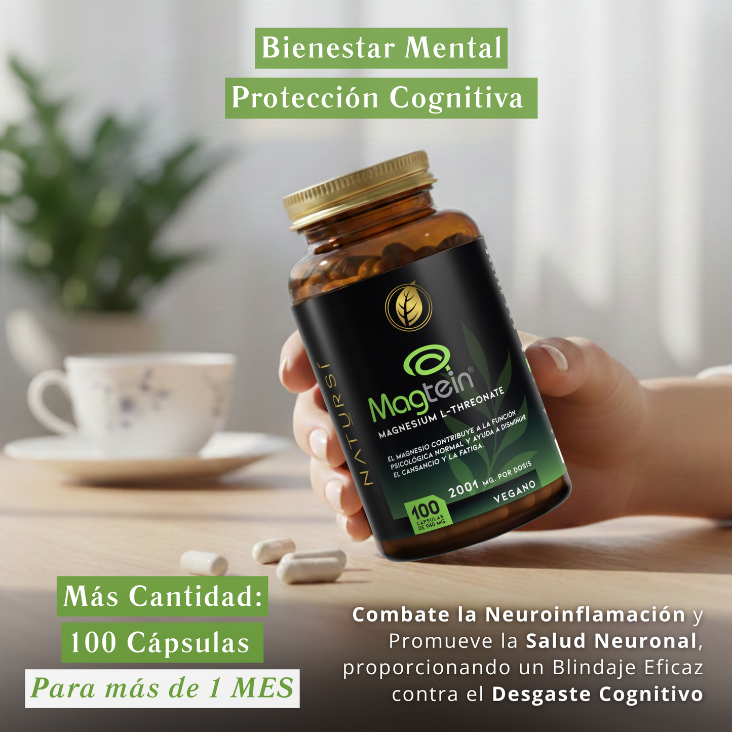 PACK 3 L-TREONATO de MAGNESIO (Magtein®) – 2001 mg por dosis - 100 cápsulas